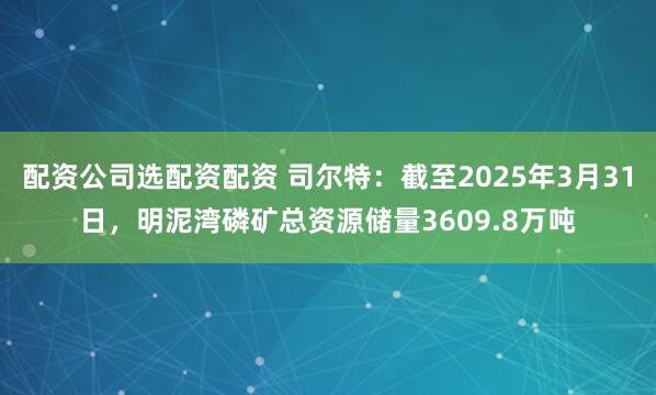 配资公司选配资配资 司尔特：截至2025年3月31日，明泥湾磷矿总资源储量3609.8万吨